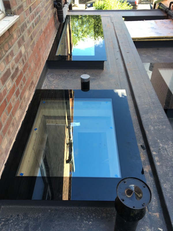 Multiple flat roof skylights on extension in Alexandra Palace
